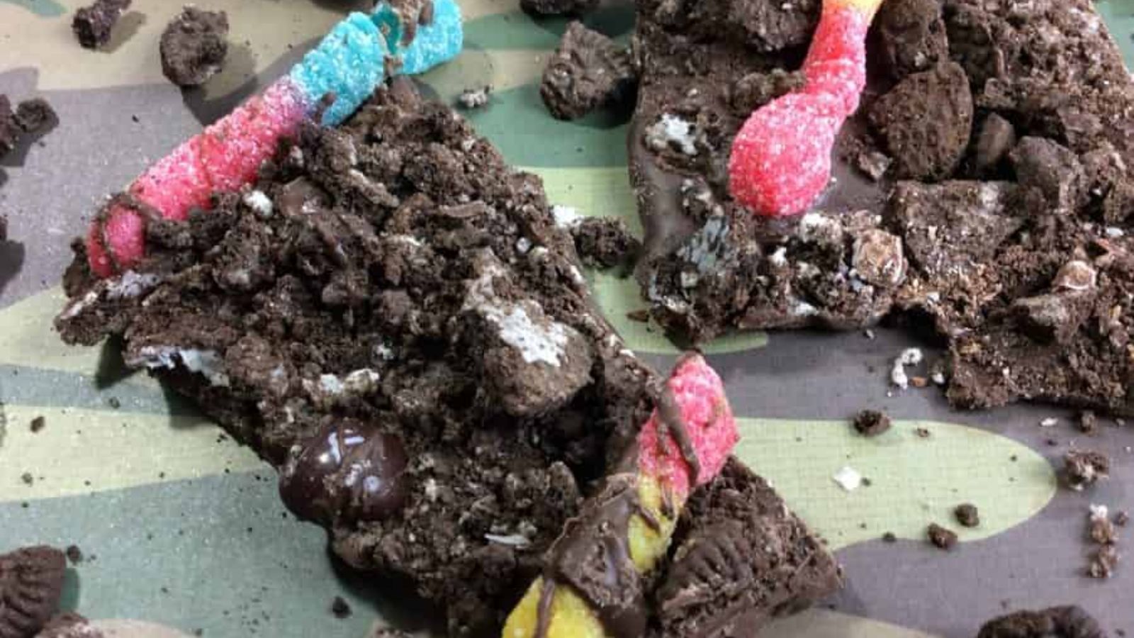 Chocolate bark with worms.