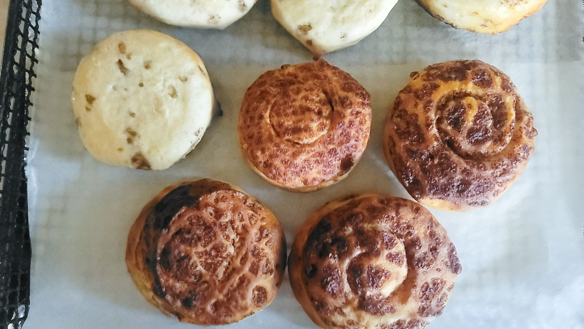Cinnamon rolls flipped over halfway through cooking.