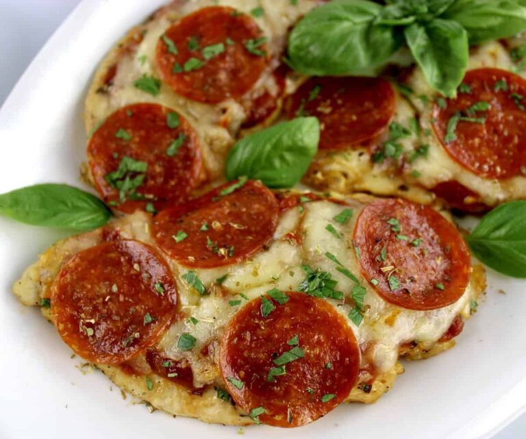 Cheese and pepperoni topped chicken breasts.