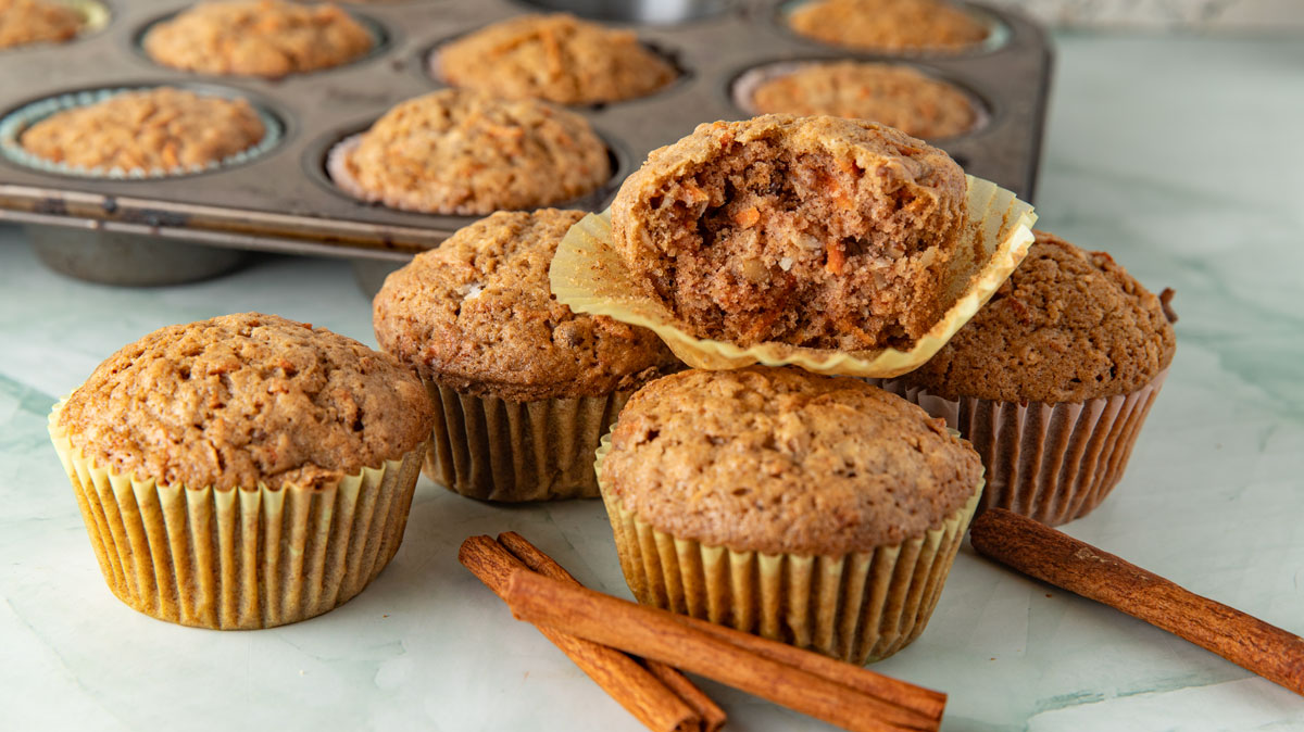 Muffin broken in half to see the moist inside.