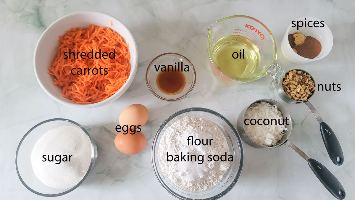 Ingredients for carrot muffins. See details in recipe below.