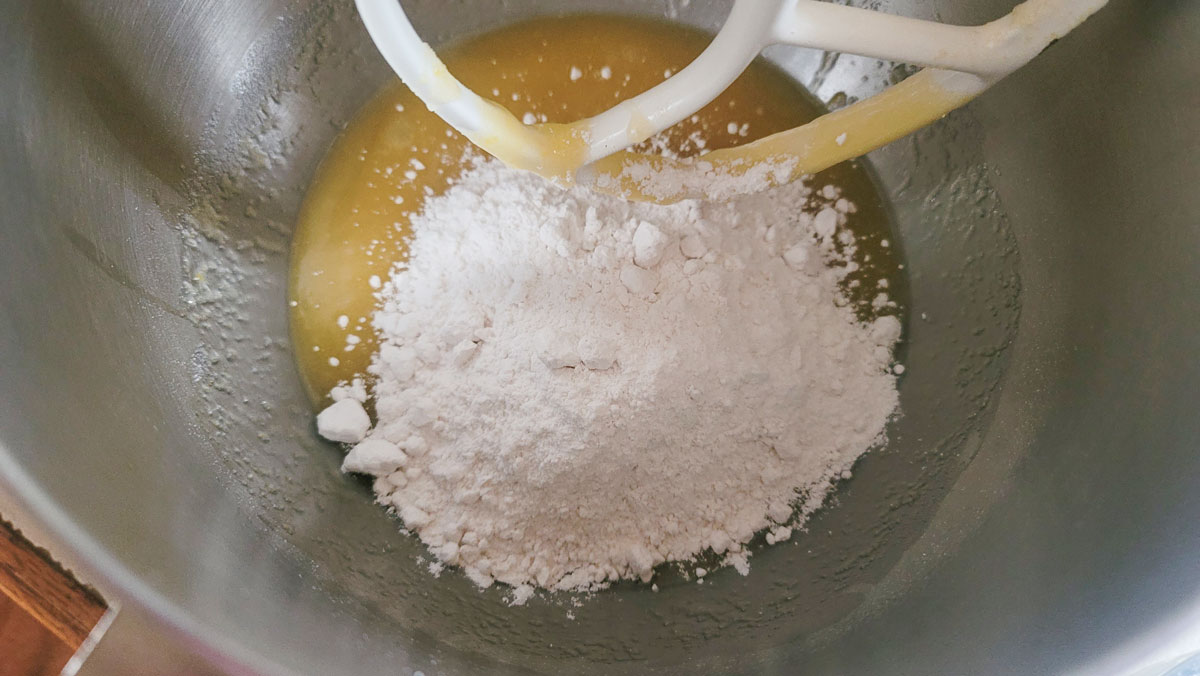 Flour added to the dry ingredients.