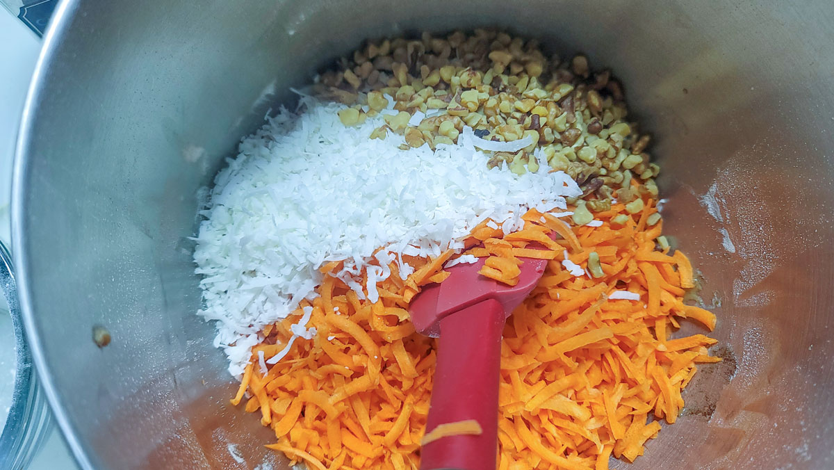 Shredded carrots, coconut and nuts added to the batter.