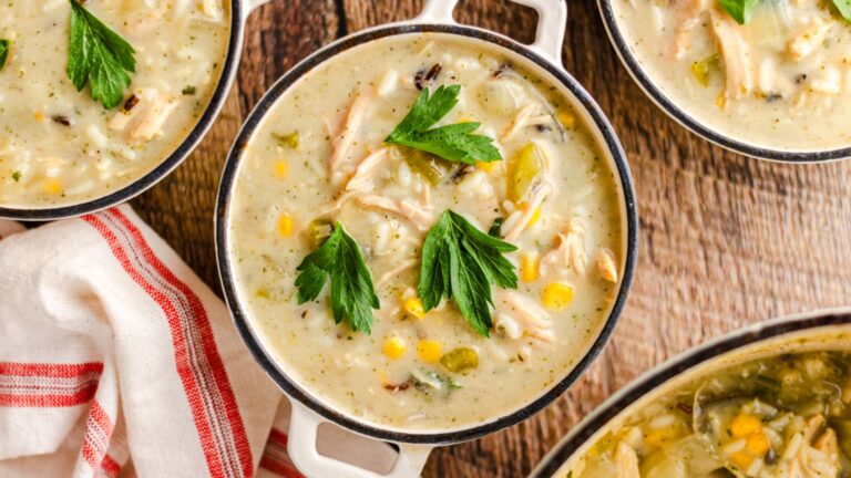top view shot of panera chicken soup on a bowl.