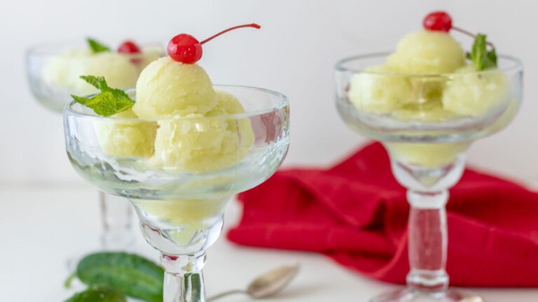 Cucumber sorbet with cherry on top.