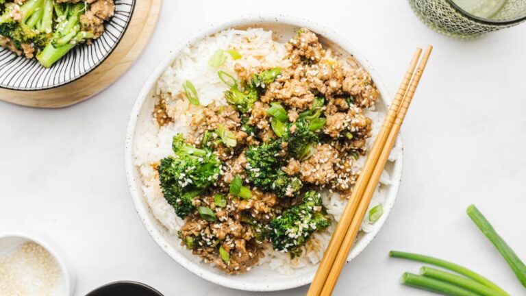 top view shot of stir fry ground turkey on a plate.