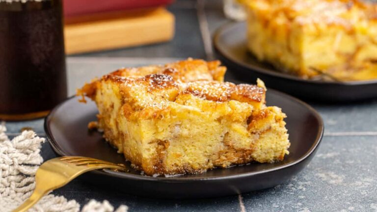 close up shot of Eggnog French Toast Bake on a plate.