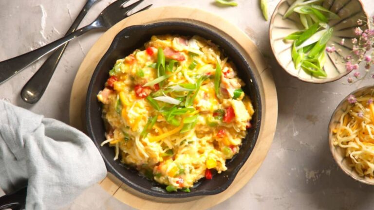 top view shot of scrambled egg in a bowl.