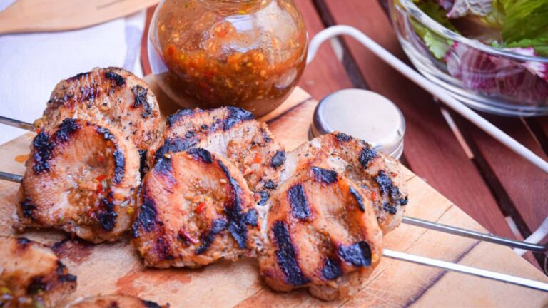 close up shot of Grilled Jerk Pork Tenderloin Skewers