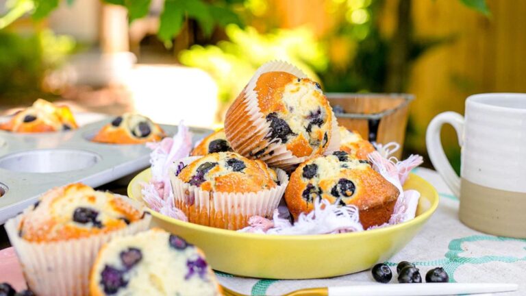 Blueberry muffins on a plate.