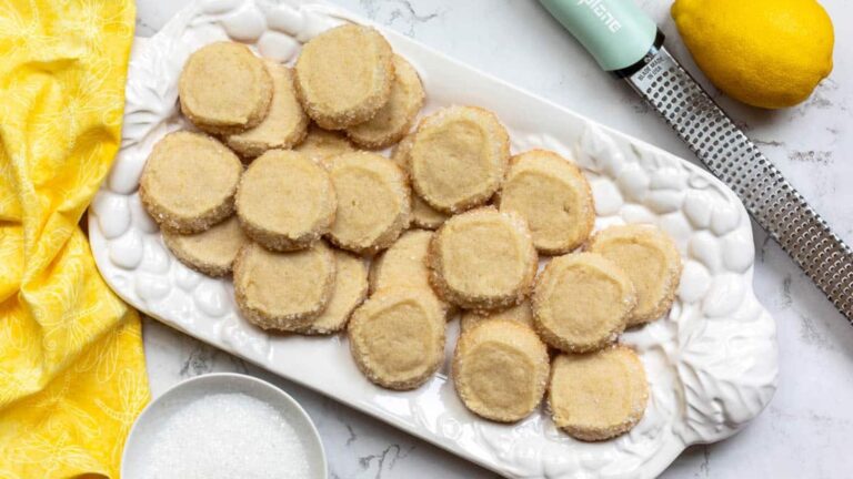 Lemon shortbread cookies on a platter.