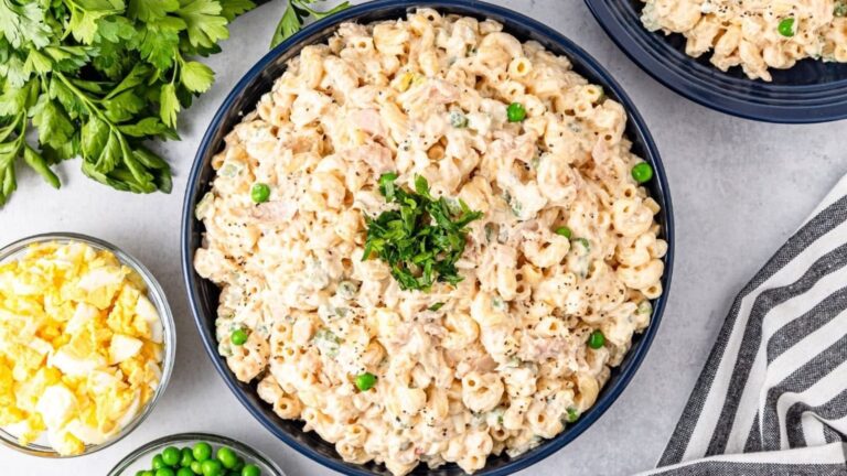 A bowl od macaroni salad.