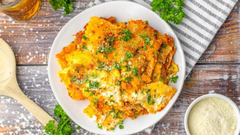 Ravioli casserole on a plate.