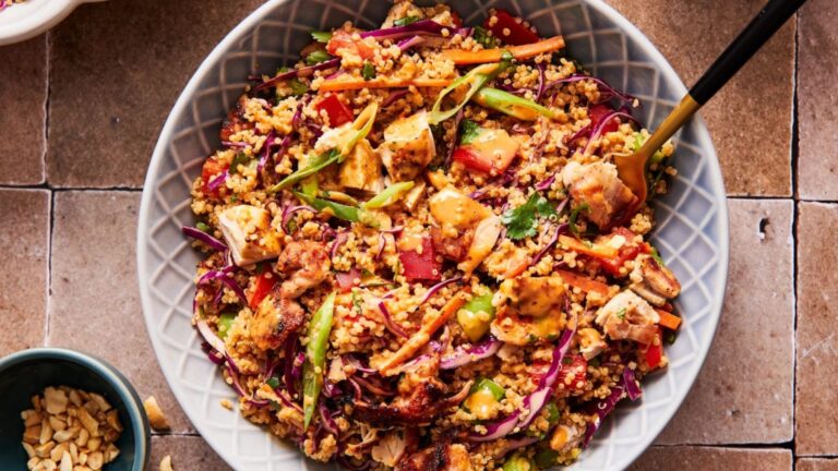 top view shot of quinoa veggie salad in a bowl.