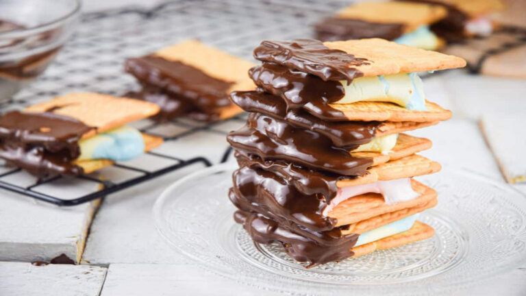 Skillet smores piled on a white board.