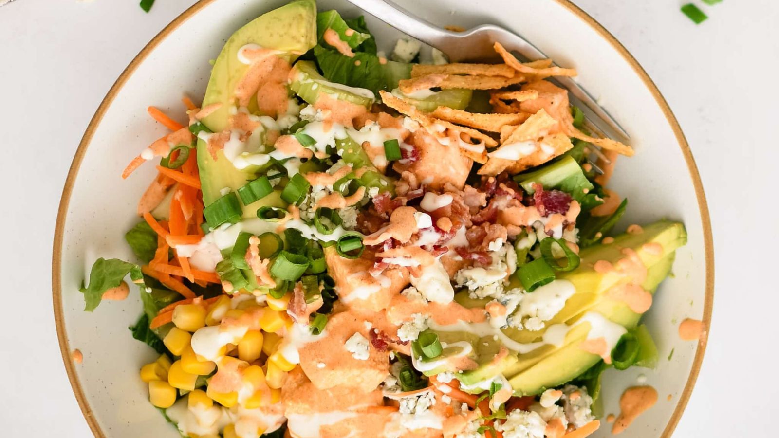 Top view shot of Buffalo Chicken Salad on a plate.