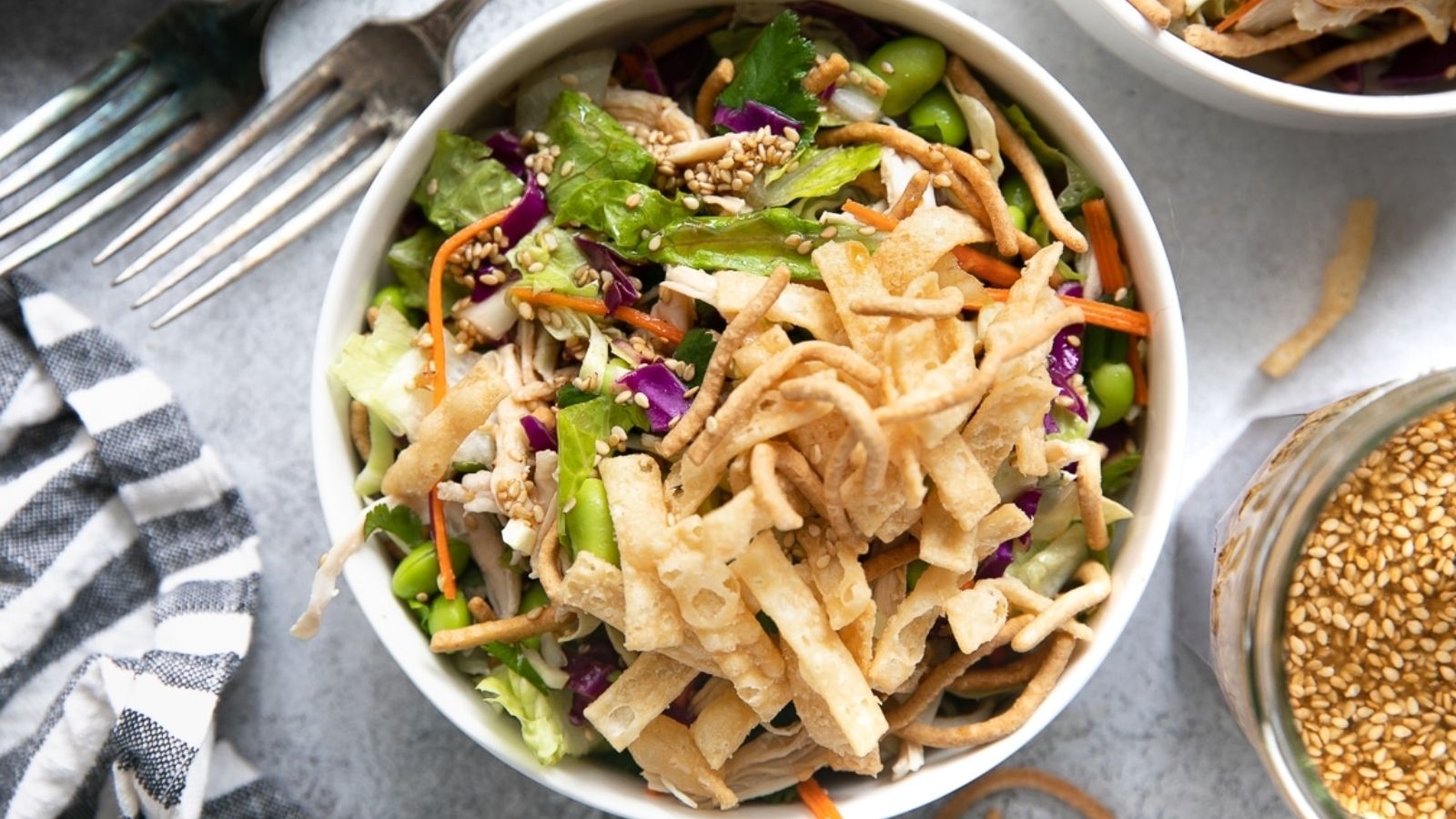 Top view shot of Chinese Chicken Salad on a bowl.