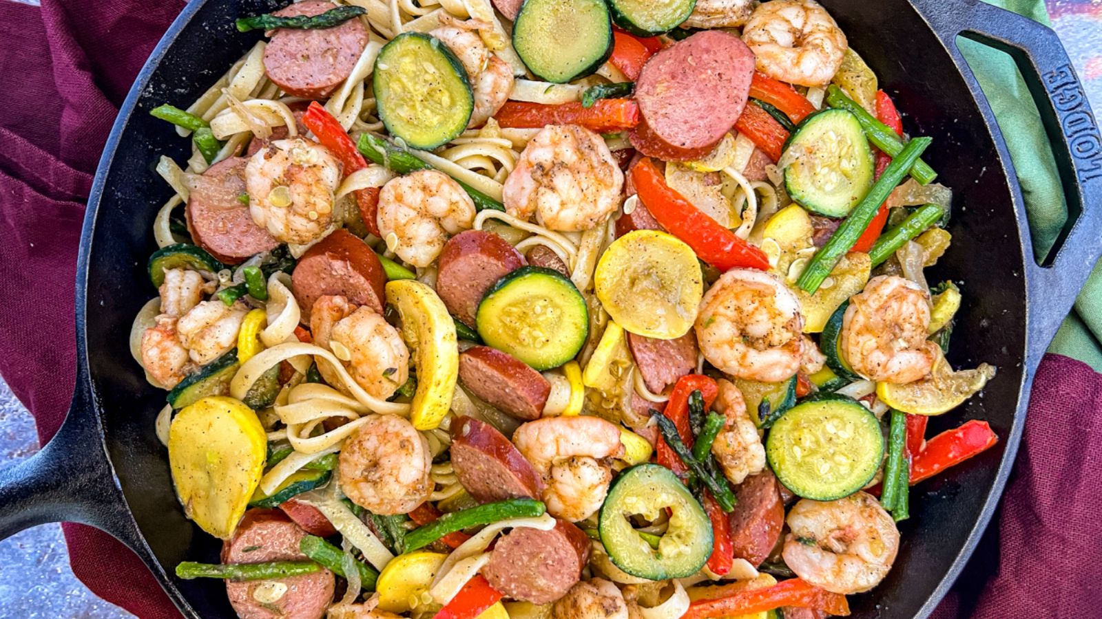 Top view shot of Cajun Shrimp and Sausage Skillet on a plate.