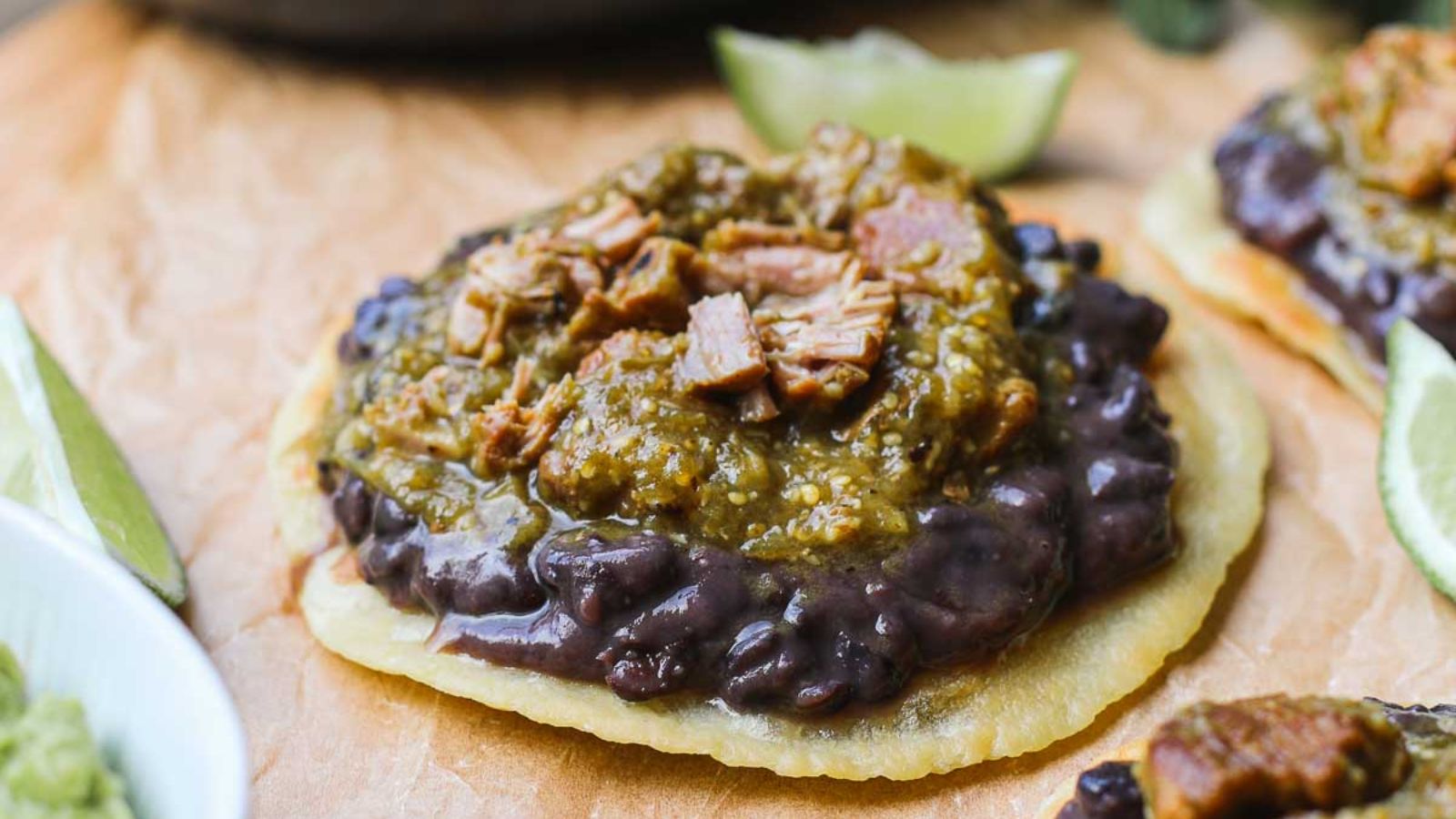 Close up shot of Green Chili Pork Tostadas.