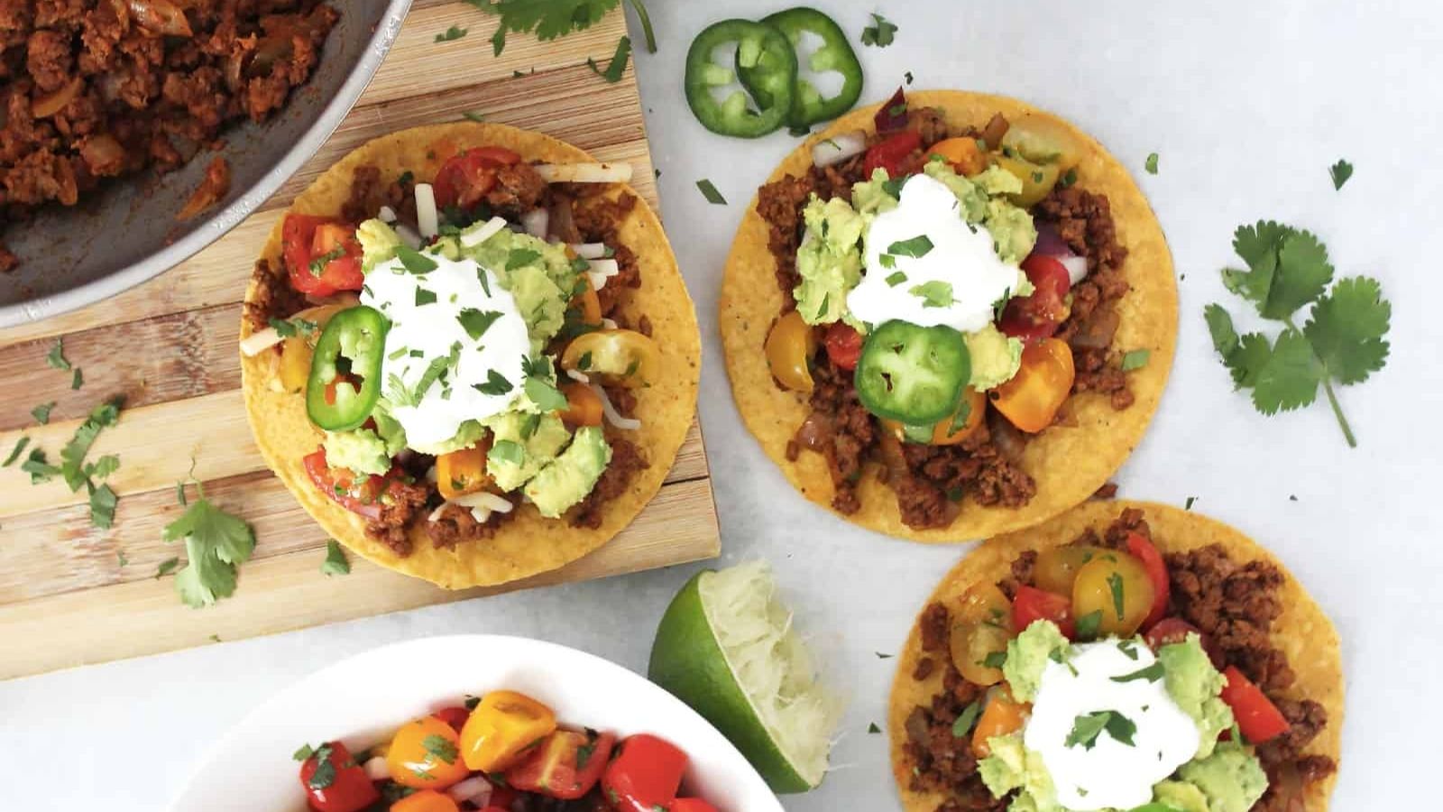 Top view shot of Ground Turkey Tostadas.