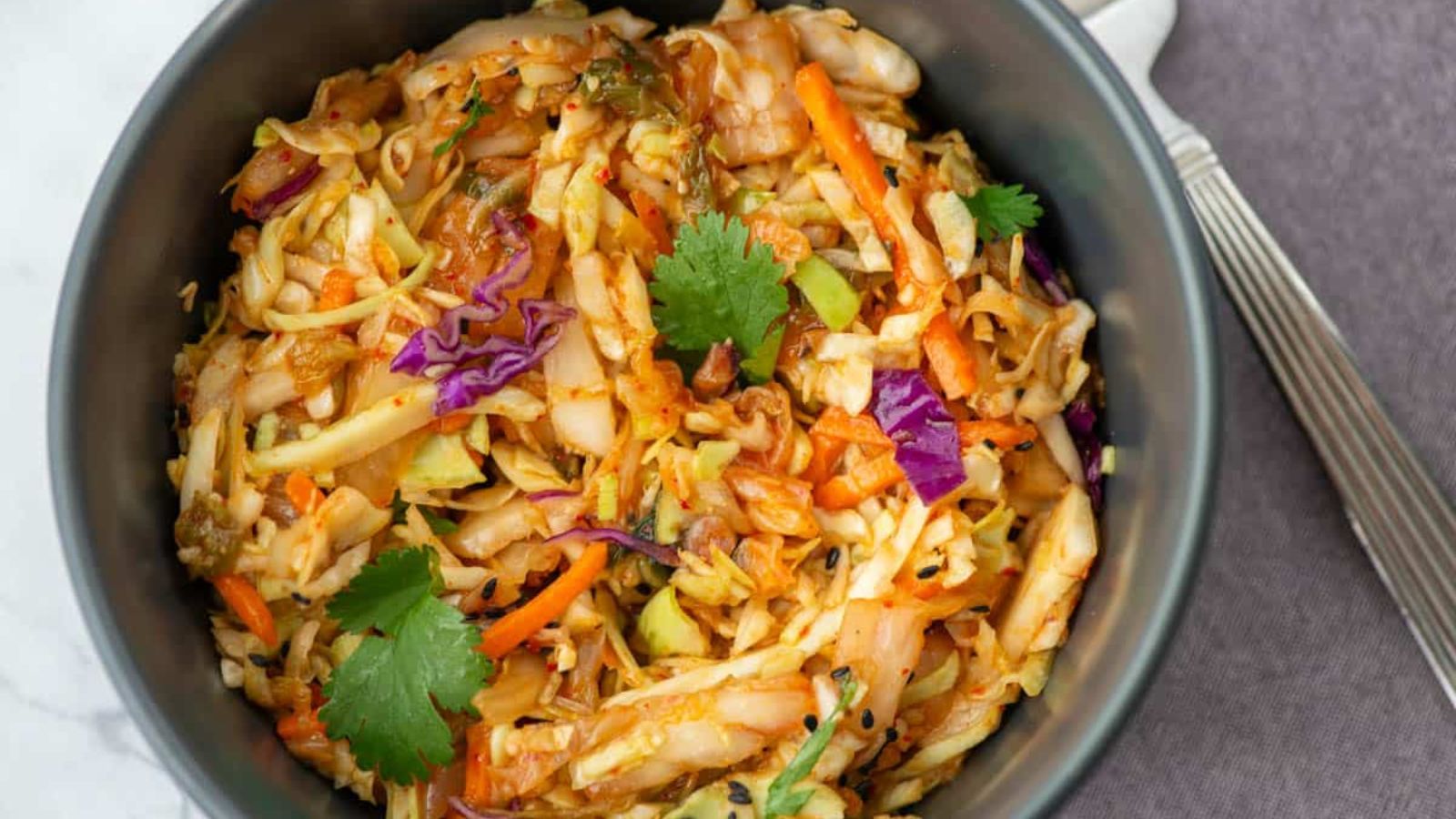Close up shot of Kimchi Slaw in a bowl.