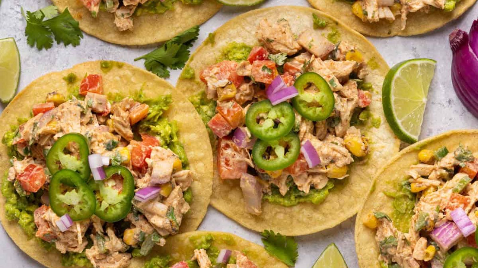 Close up shot of Mexican Chicken Salad Tostadas.