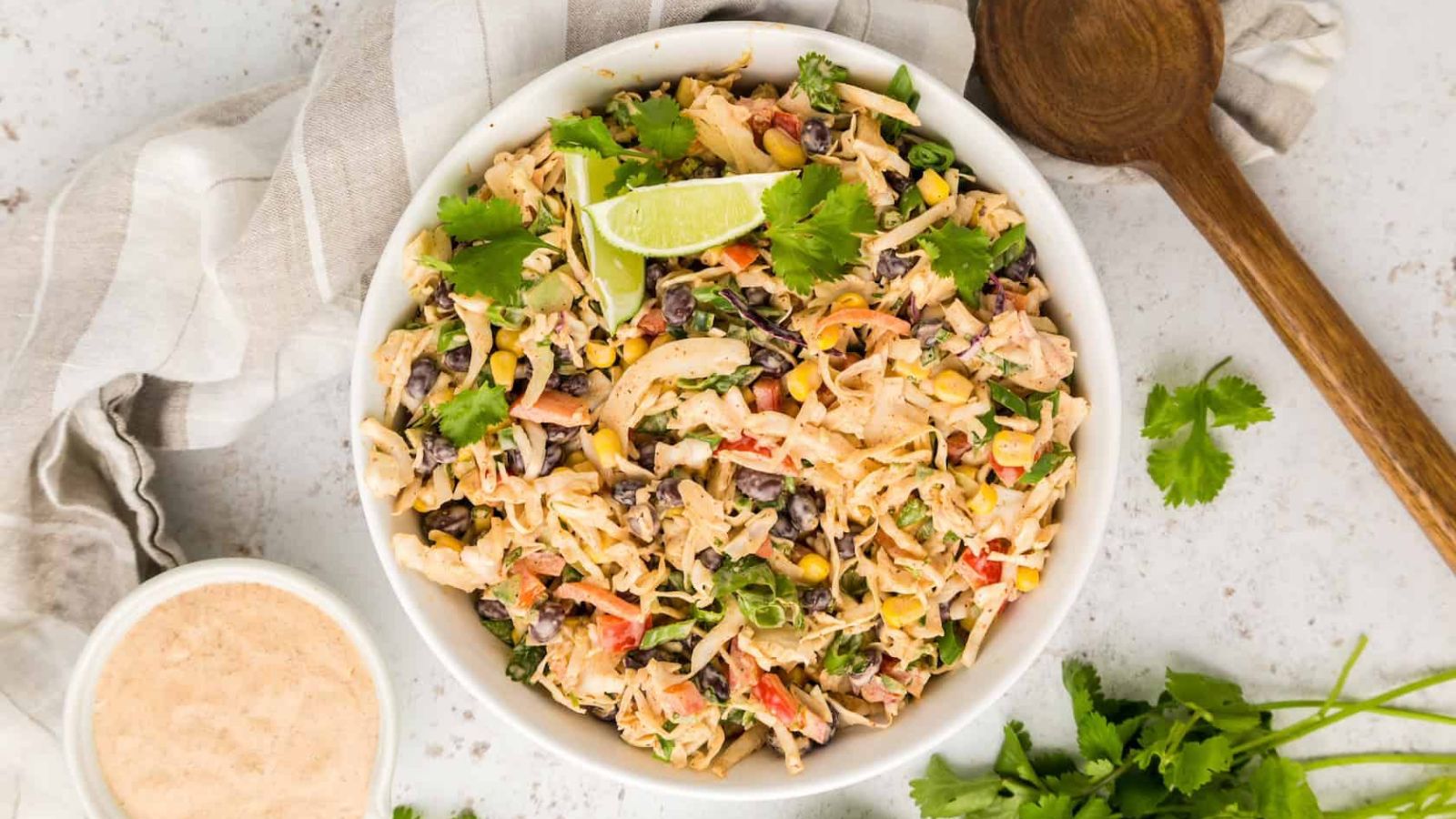 Top view shot of mexican coleslaw in a bowl.
