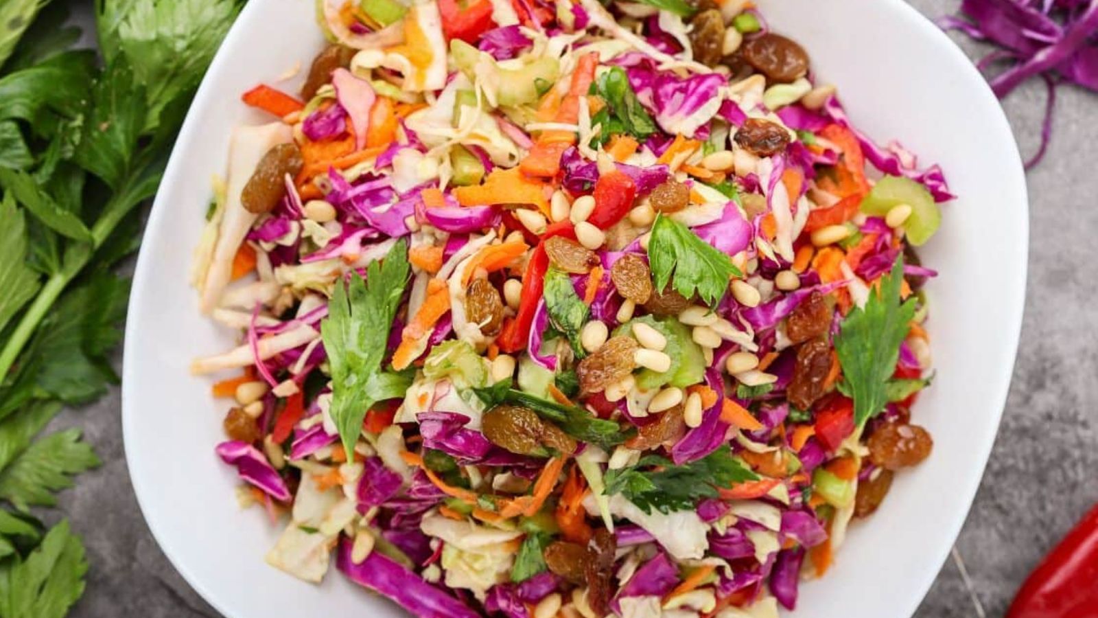 Top view shot of Politiki Salad on a plate.