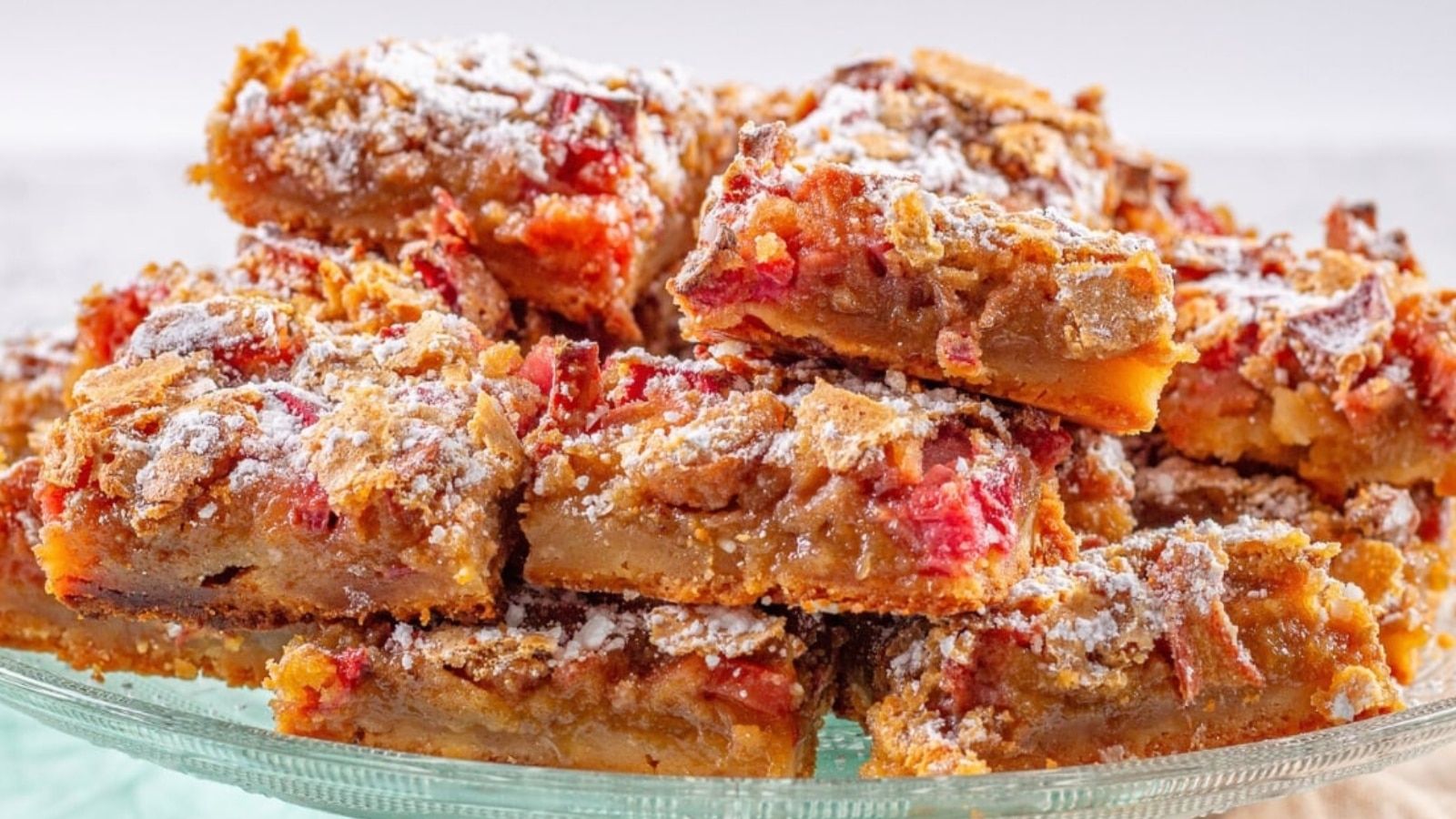 Close up shot of rhubarb bars.