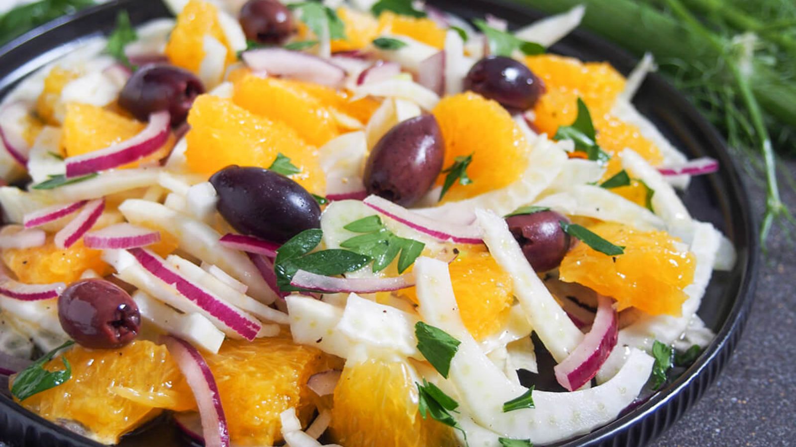 Close up shot of Sicilian fennel orange salad in a plate.
