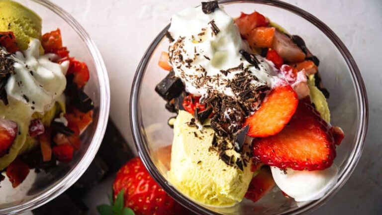 Ice cream with strawberries.