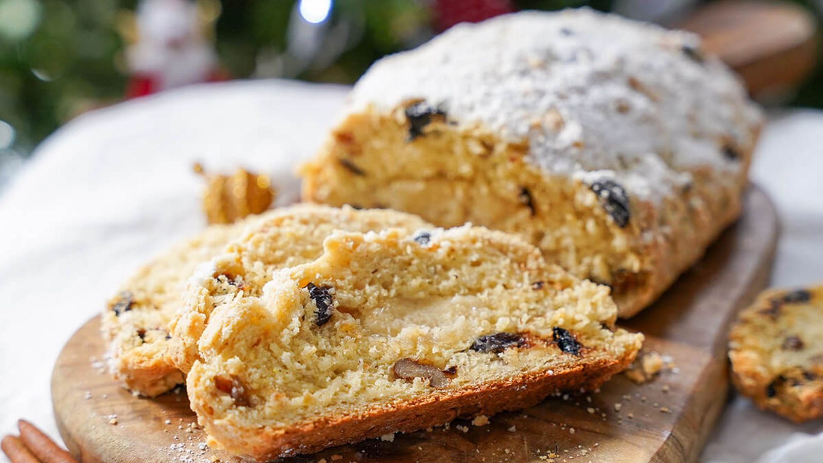 Close up shot of Traditional German stollen with prunes on a plate.