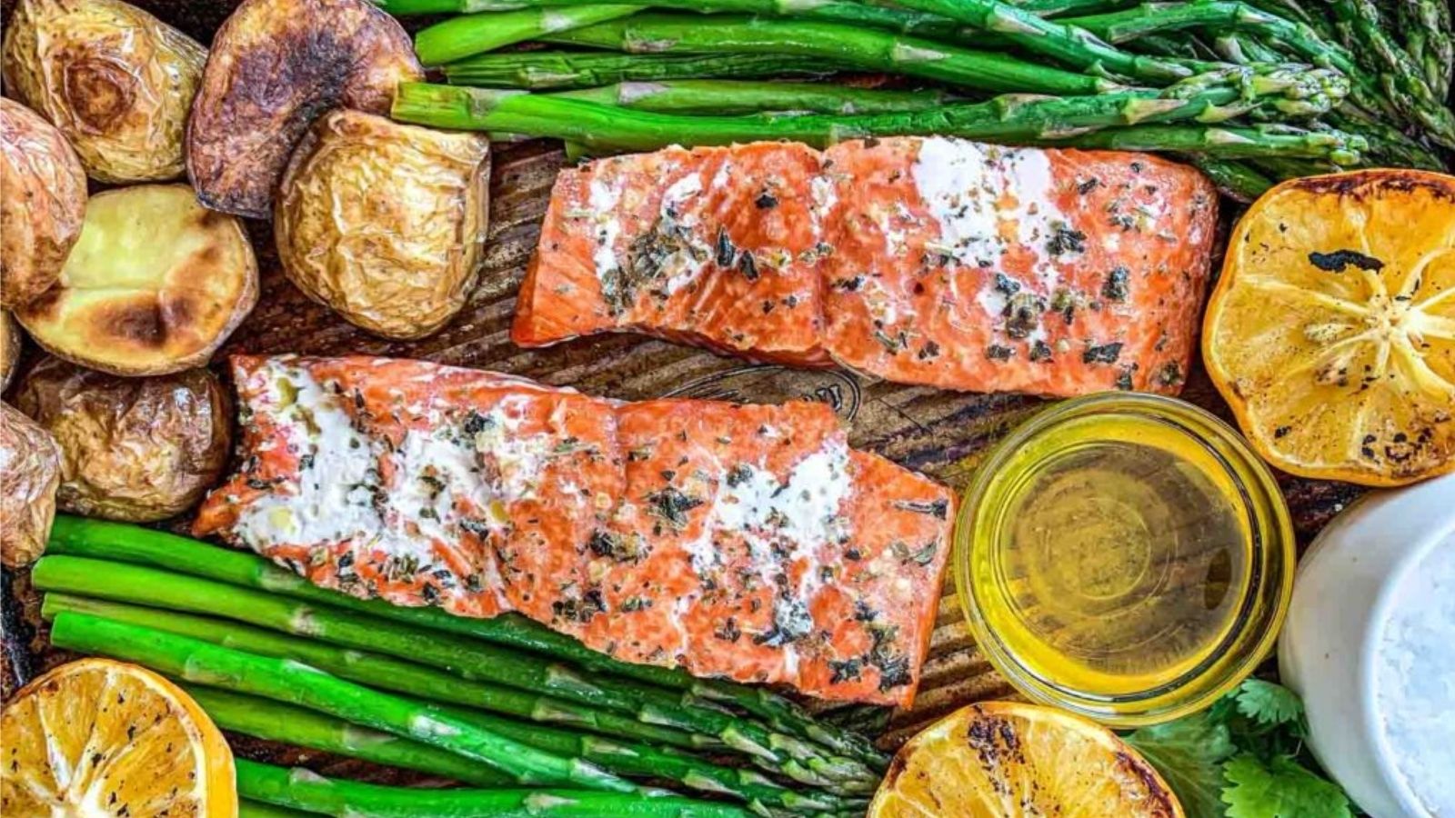top view shot of traeger grilled salmon.