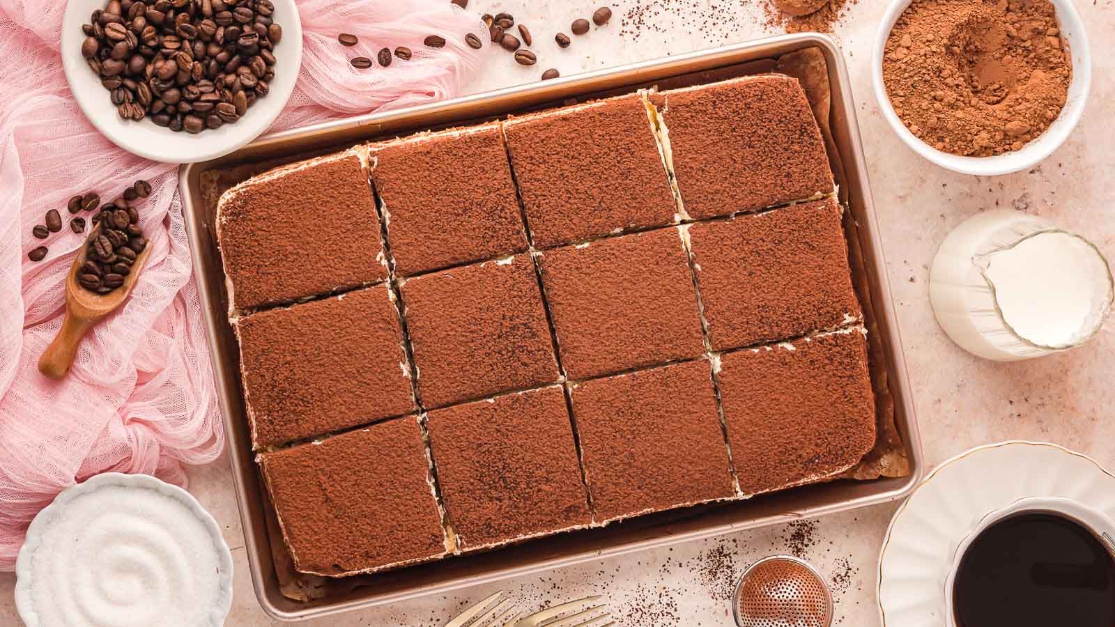 Top view shot of Tres Leches Tiramisu in a tray.