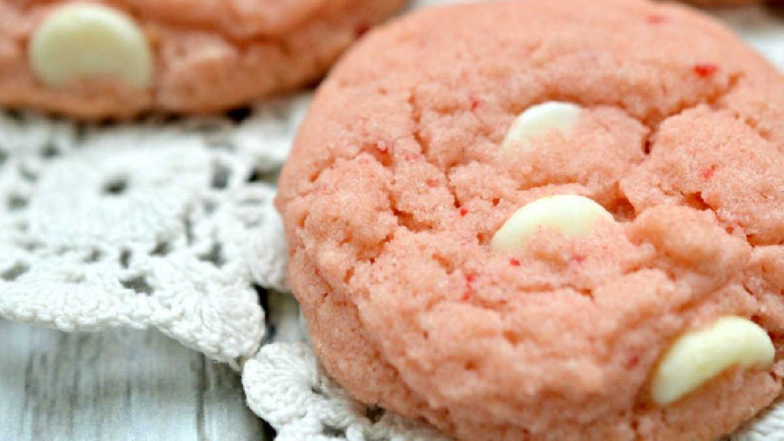 Strawberry cookies with white chocolate chips.