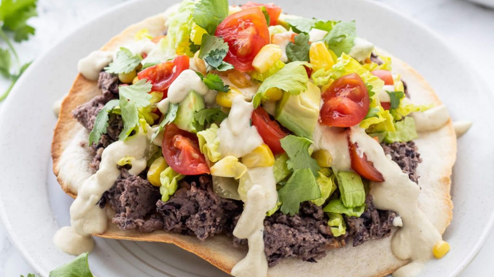 Close up shot of Vegan Black Bean Tostadas on a plate.