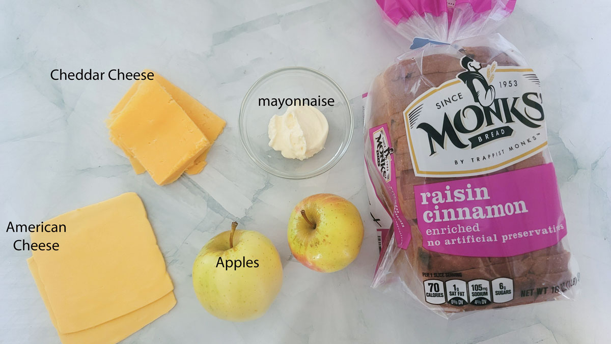 Ingredients for apple grilled cheese. See details in recipe card below.