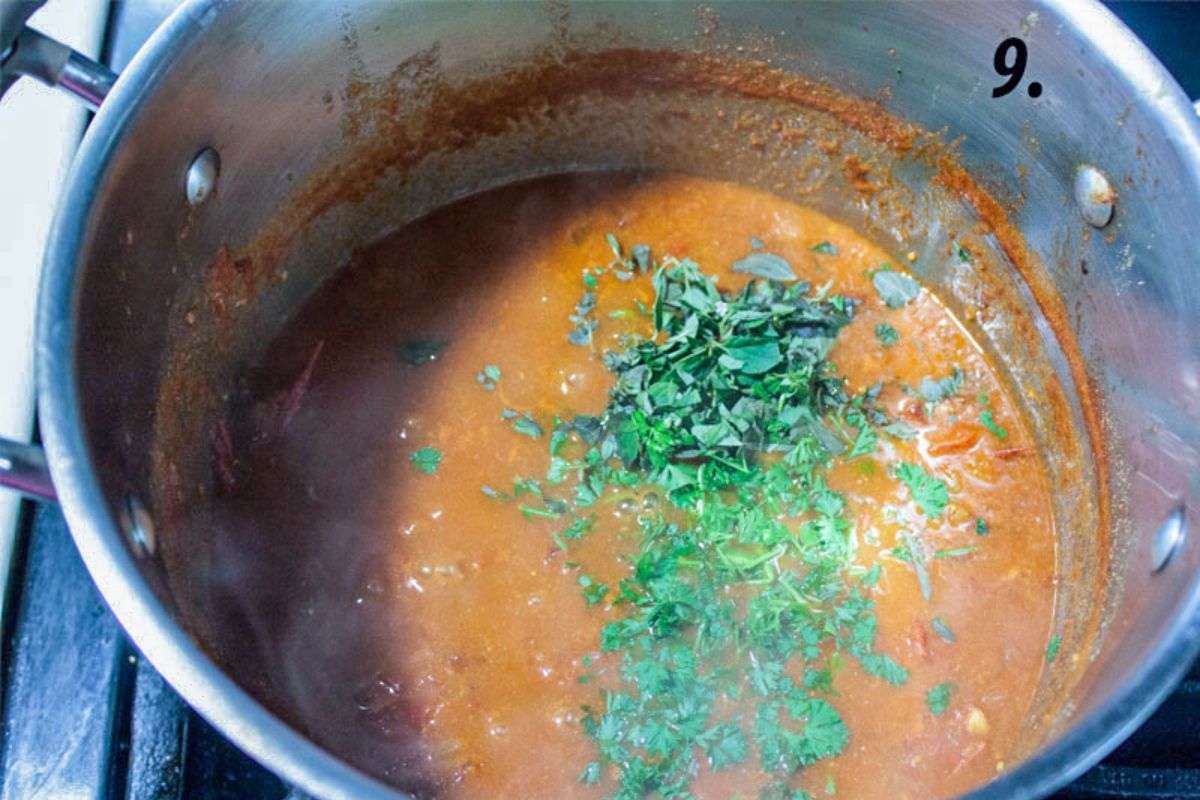 Herbs added to the pot.