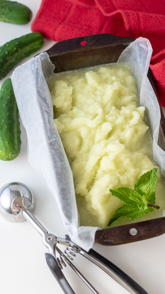 cucumber sorbet in bread pan.