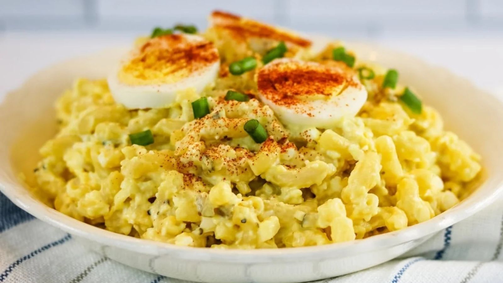 Pasta salad with deviled eggs.