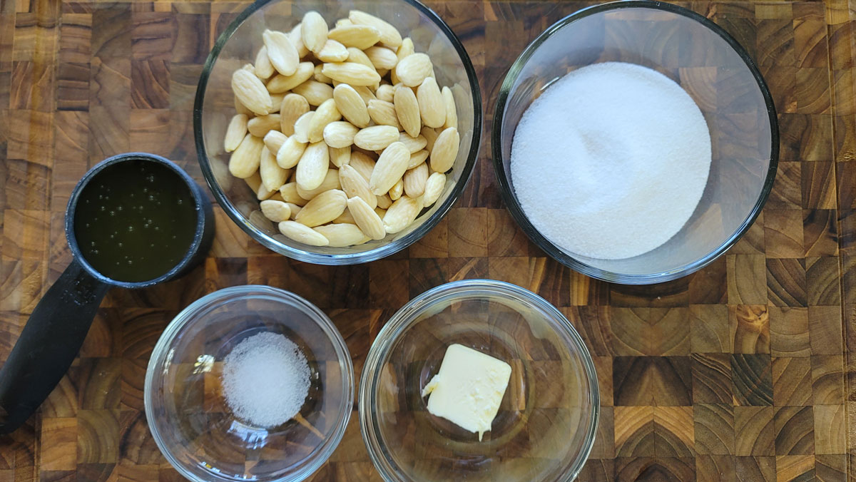 Ingredients for honey roasted nuts, See details in the recipe below.
