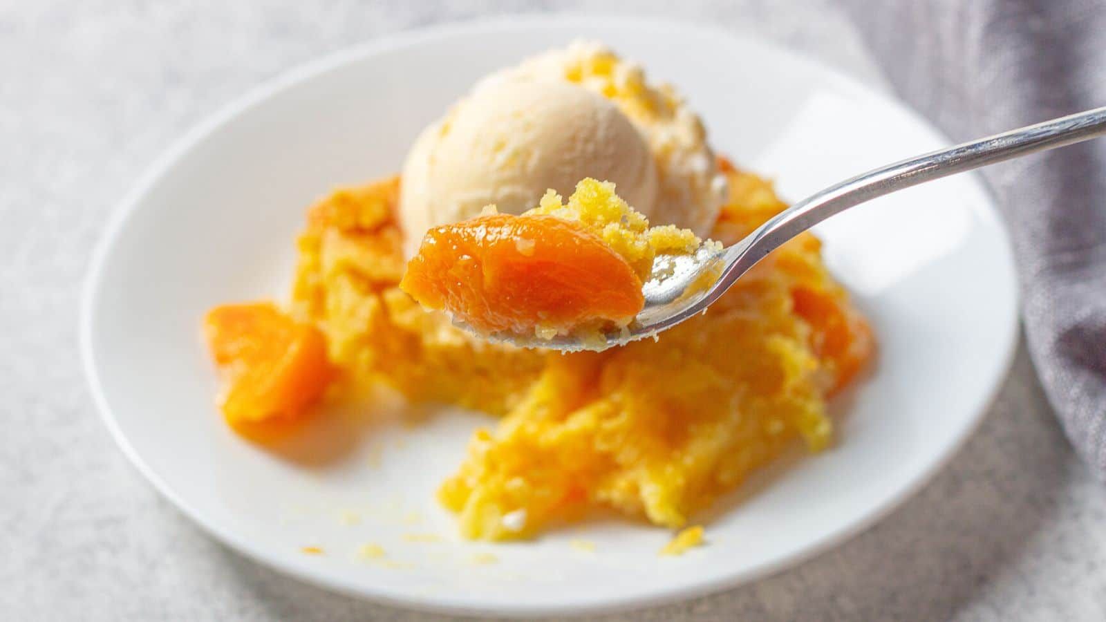 Peach cobbler on a plate.