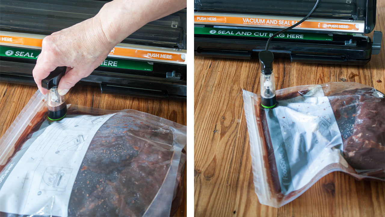 Vacuum sealing the bag for marinating.