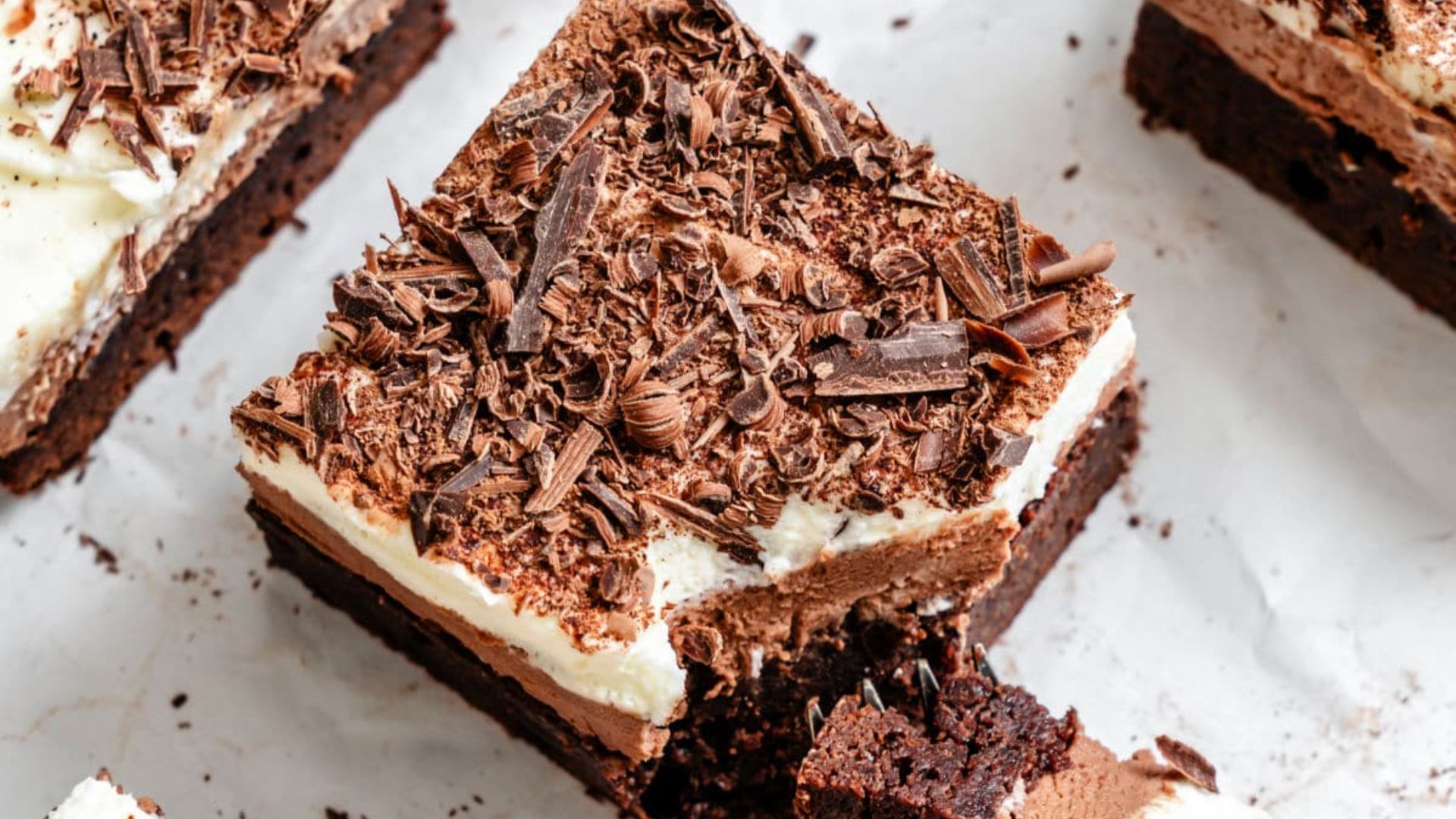 Silk brownies with a bite taken out.