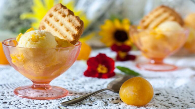 Yellow plum sorbet in a glass.