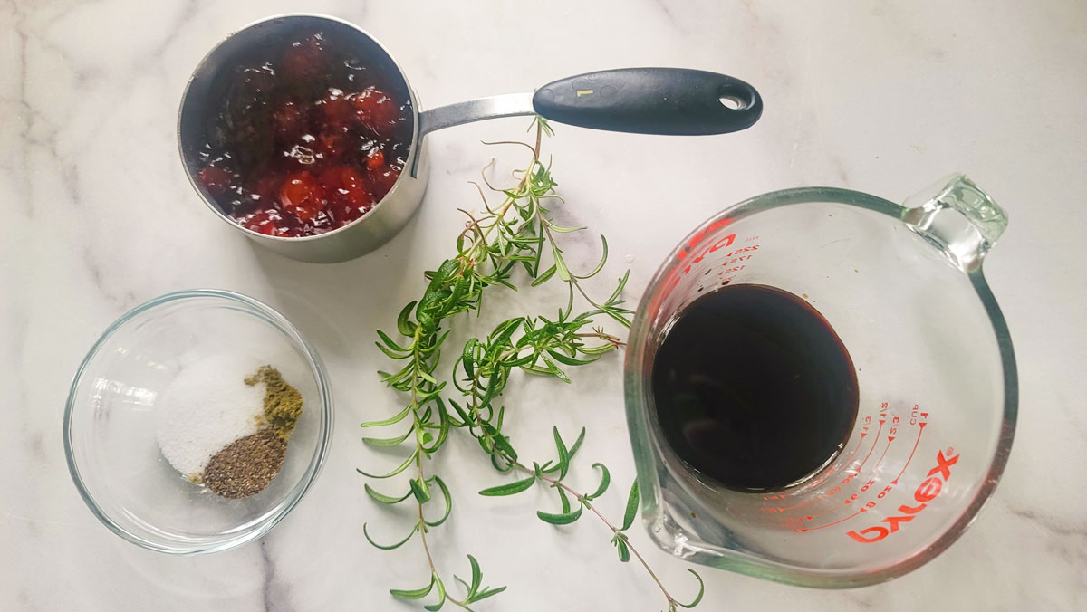Ingredients for cherry glazed duck. See details in tht recipe below.