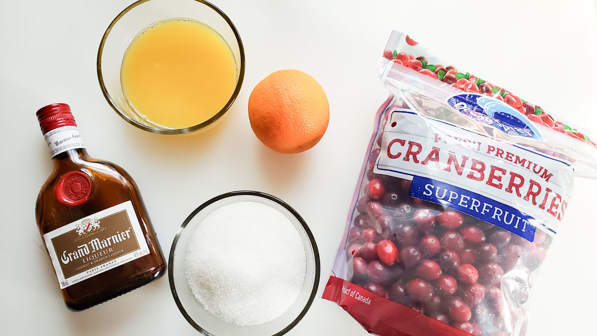 Ingredients for homemade cranberry sauce. See details in the recipe below.