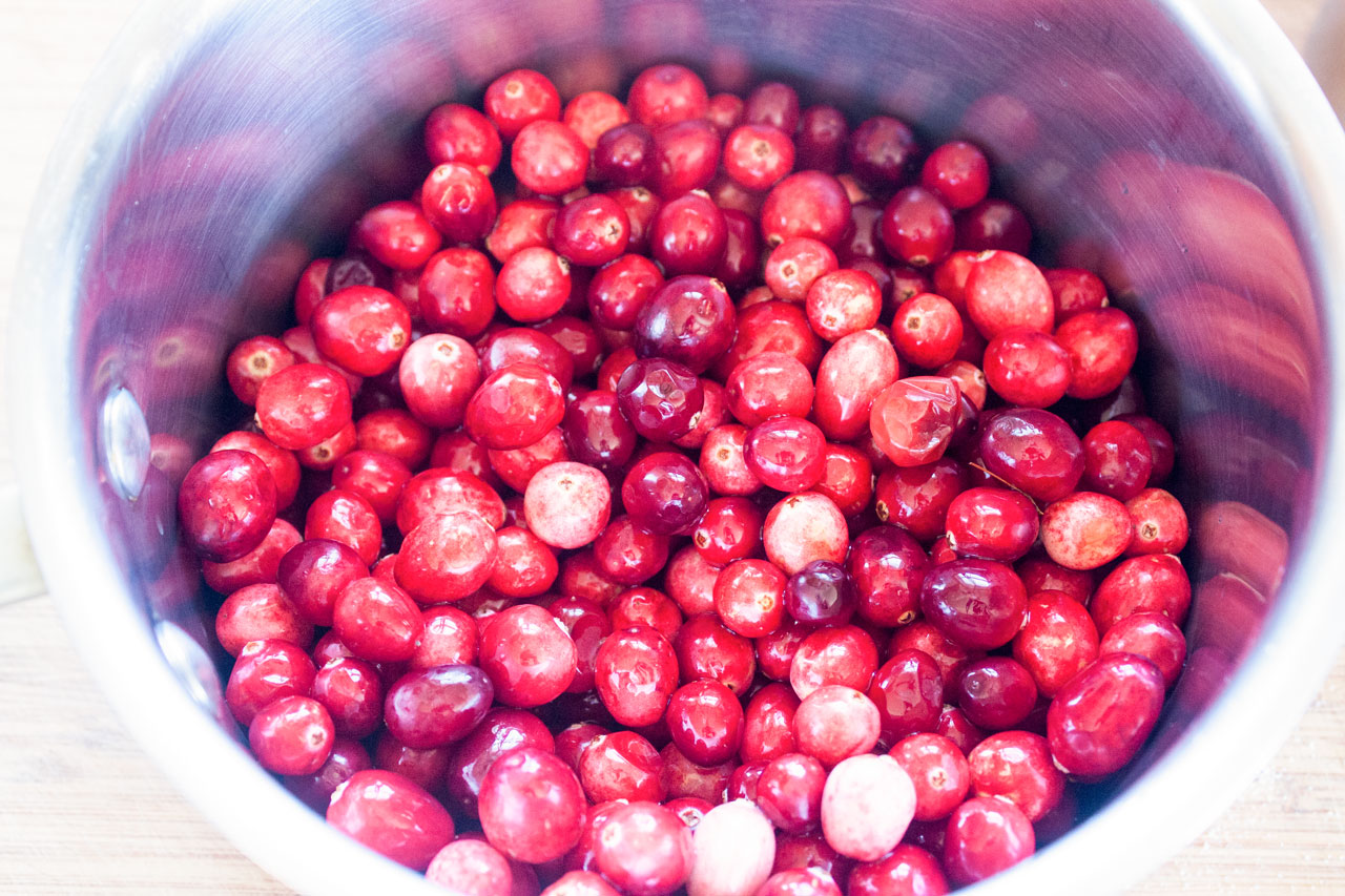 Washed cranberries in a medium saucepan.