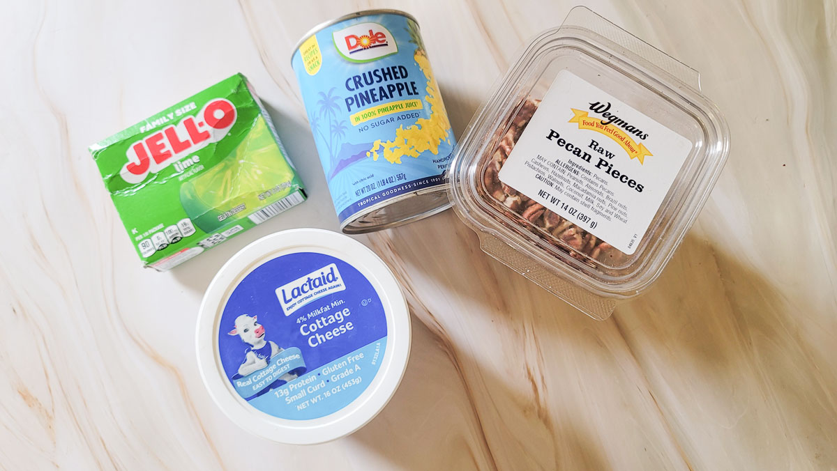 Ingredients for lime jello salad. See details in the recipe below.