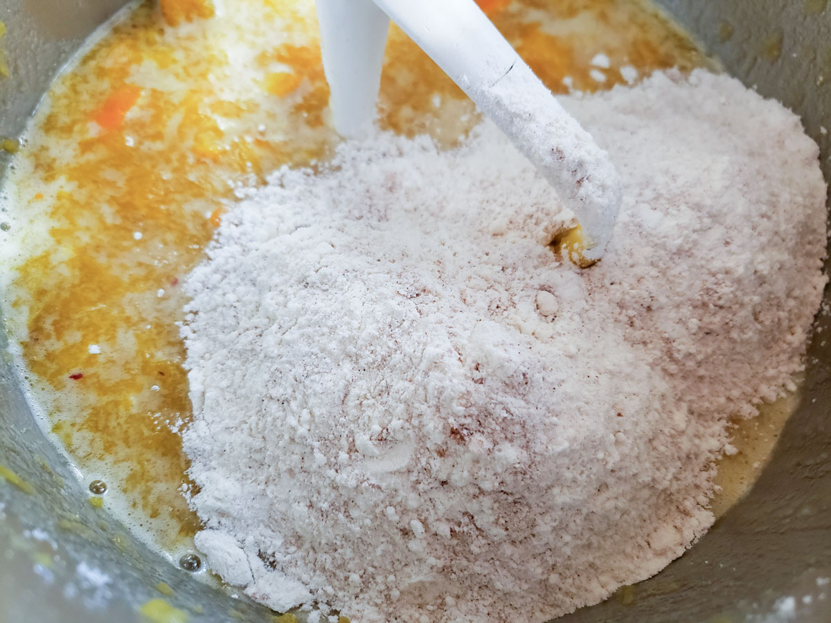 Flour mixture added to the wet ingredients.